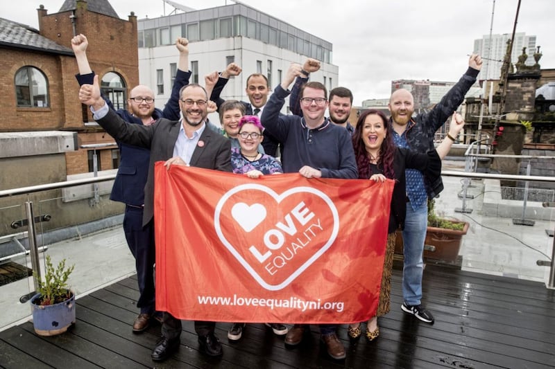 Marriage equality campaigners, pictured left to right, Adam Murray (Cara-Friend), Patrick Corrigan (Amnesty International), Clare Moore (NIC-ICTU), Lucas Finch (NUS-USI), Ciaran Moynagh (Phoenix Law), meet with Conor McGinn MP, with fellow campaigners Robert Murtagh (NUS-USI), Cara McCann (HereNI), and John O&#39;Doherty (Rainbow Project), in Belfast ahead of the landmark vote in the House of Commons last Thursday. Picture by Liam McBurney/PA Wire 