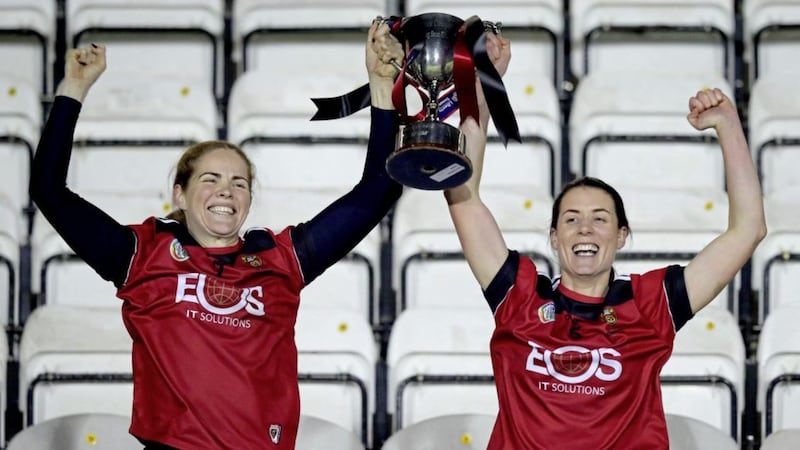 Down&rsquo;s Fionnuala Carr (left) and Karen McMullan lift the All-Ireland Intermediate Championship trophy after defeating Wicklow in the final at Kingspan Breffni Park, Cavan on December 5 2020. Picture by &copy;INPHO/Ryan Byrne 