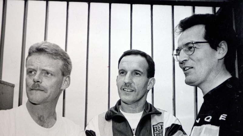 Gerry Kelly, pictured right, with Robert Russell, pictured left, and Bobby Storey, pictured centre. All played a prominent role in the 1983 Maze escape. Picture by Hugh Russell 