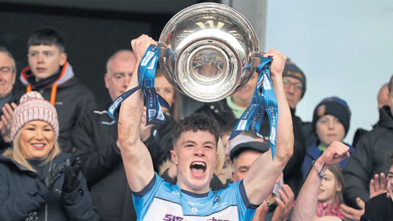 Magherafelt skipper Eoin McEvoy holds aloft the trophy. Picture by Hugh Russell