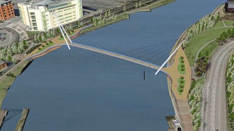 The planned pedestrian and cycle bridge in Belfast would be across the River Lagan near the Gasworks 