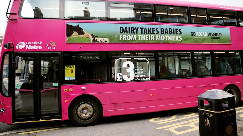 One of the ads by Go Vegan World appearing on buses across Northern Ireland aimed at sparking debate on animal usage