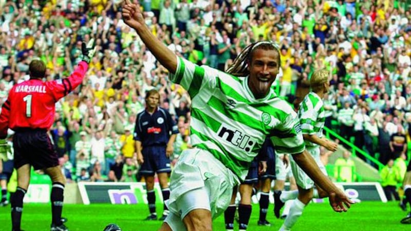 Celtic's Henrik Larsson celebrates after scoring early in the second half against Kilmarnock during their Bank of Scotland Premiership match at Celtic Park on Sunday 13th August 2000