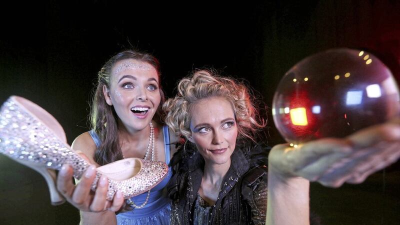 Corrie Early, pictured left, as Cinderella and Jayne Wisener as the Fairy Godmother get set to for Cinderella: The Midnight Princess at The MAC in Belfast from November 30. Picture by Hugh Russell 