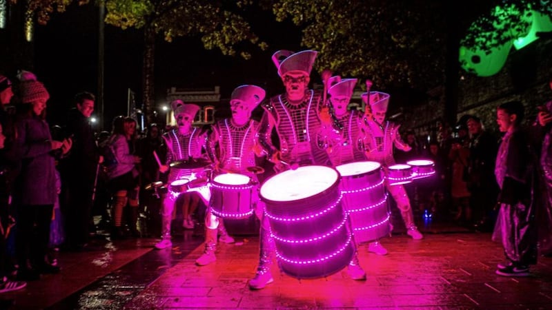 The Spark drummers brought ghostly music to the streets of Derry. Picture by Lorcan Doherty Photography 