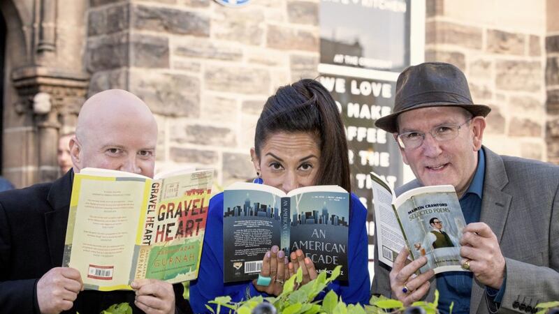 Helping launch the seventh Belfast Book Festival programme are, from left, Keith Acheson, festival director; Deepa Mann-Kler, chairwoman of Crescent Arts Centre; and Damian Smyth, head of Literature and Drama at the Arts Council of Northern Ireland, the festival&#39;s principal funder 