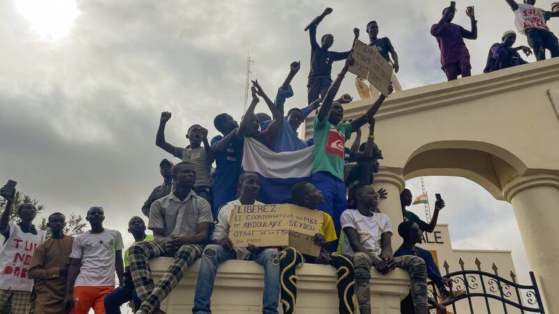 Supporters of Niger’s ruling junta gather in Niamey at the start of a protest called to fight for the country’s freedom and push back against foreign interference (Sam Mednick/AP)