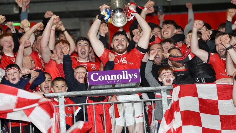 Trillick captain Rory Brennan leads the celebrations after Sunday's Tyrone final victory over Errigal Ciaran