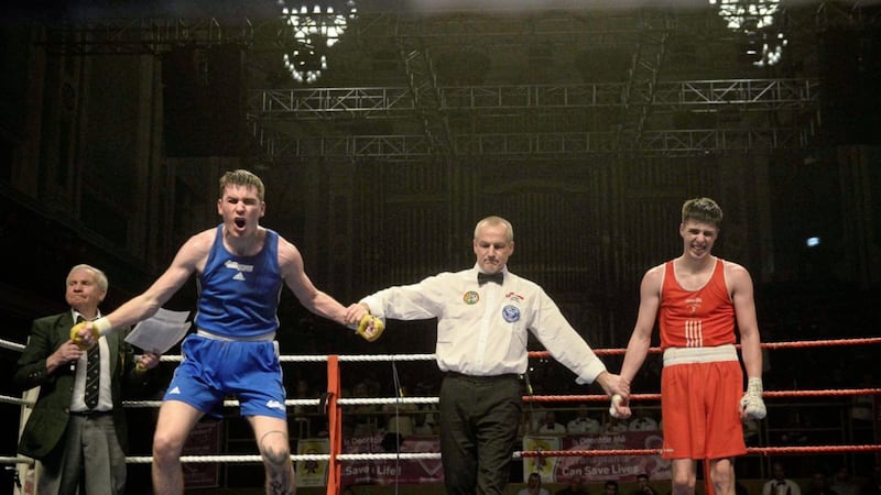 Monkstown&rsquo;s Daryl Clarke jumps for joy after defeating Jack McGivern in last year&rsquo;s Ulster Elite 63kg final at the Ulster Hall. And Ulster Boxing president Kevin Duffy hopes the 2021 Ulster Elites will take place before Christmas, as preparations lead towards next year&rsquo;s Commonwealth Games. Picture by Mark Marlow 