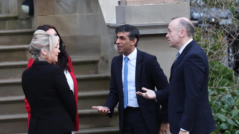 First Minister Michelle O'Neill and Deputy First Minister Emma Little-Pengelly meet with Prime Minister Rishi Sunak  and Chris Heaton-Harris  at Stormont Castle on Monday.
Picture: COLM LENAGHAN