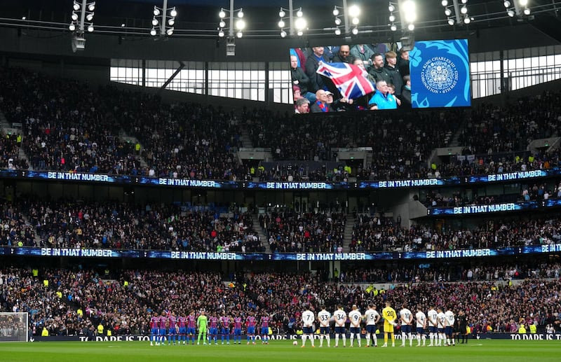 Players from Tottenham and Crystal Palace stand for the national anthem to mark the coronation of King Charles III. There were similar scenes at Premier League grounds up and down the country on the first weekend in May