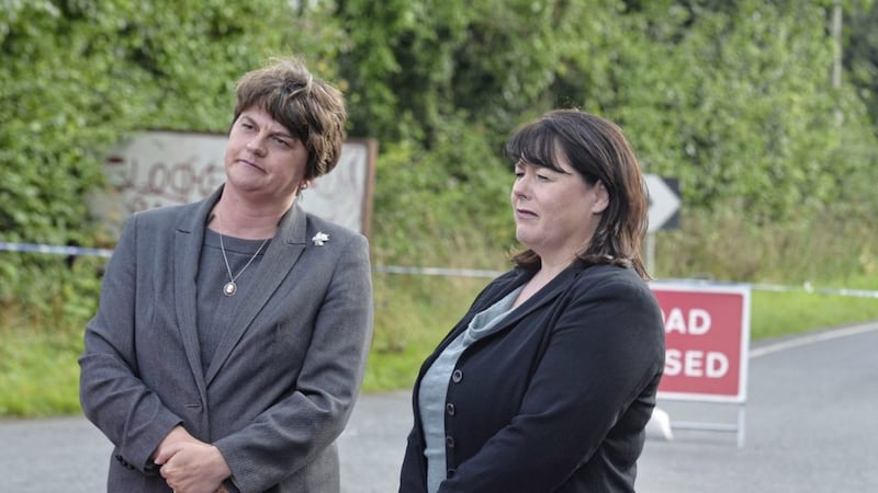 Far from offering a united front at the scene of a bomb attack in Co Fermanagh, Arlene Foster and Michelle Gildernew showed just how far apart the parties are on the major issues. Pic Colm Lenaghan/Pacemaker. 
