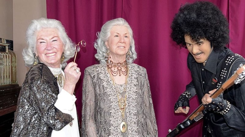 Philomena Lynott, mother of rock icon Phil, with her wax figure and of the late Thin Lizzy frontman. Picture by PA Wire 