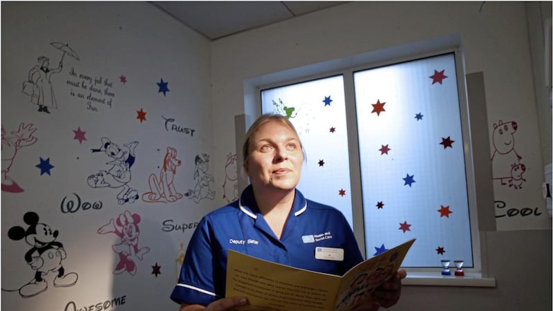 Nurse Joanne McConnell at work in the 'quiet space' room she has created at the Ulster Hospital's A&amp;E department. Picture by Hugh Russell