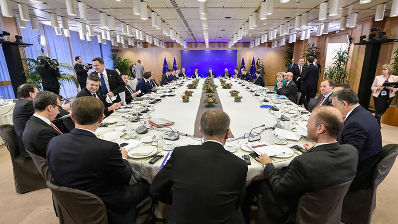 European Union heads of state attend a breakfast meeting at an EU summit in Brussels today. Picture by&nbsp;John Thys, AP