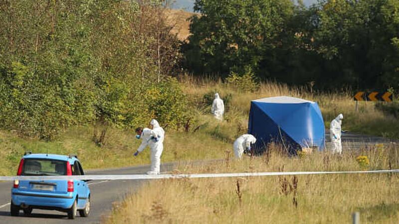 &nbsp;Forensic officers search the scene after a Dundalk taxi driver was found stabbed near the Armagh Road at Kilcurry