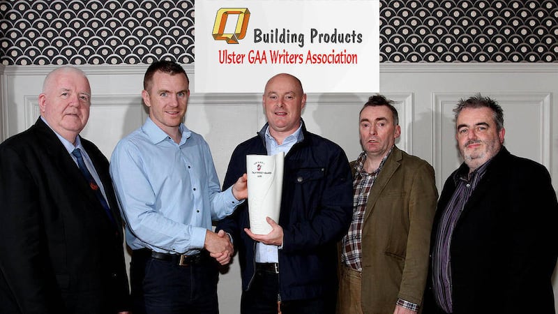 John P Graham, UGAAWA; Marty McGrath, Quinn Building Products; Gerry McLaughlin and Paddy Hunter, UGAAWA present Malachy O'Rourke with the July Merit award<br /> Picture: Peadar McMahon