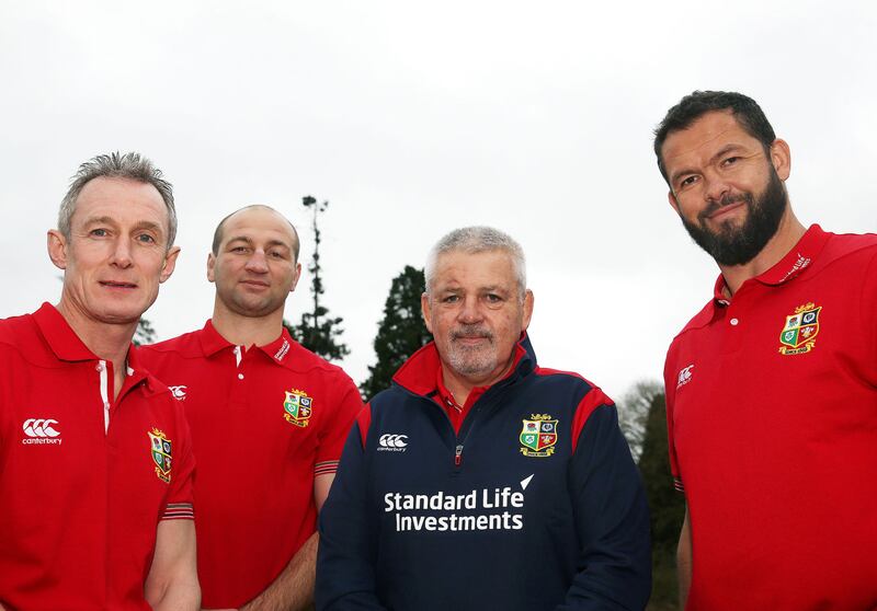 Warren Gatland (second right) with members of his coaching staff (from left to right) Rob Howley, Steve Borthwick and Andy Farrell&nbsp;