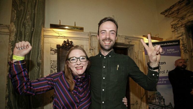 Anthony Flynn and &Aacute;ine Groogan celebrate their victories for the Greens in Belfast. Picture by Hugh Russell 
