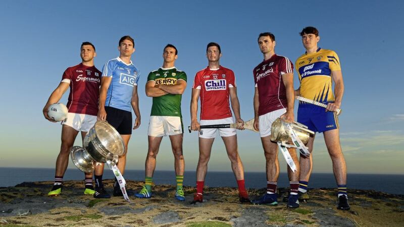 Pictured at the GAA Hurling and Football All Ireland Senior Championship Series National Launch at Dun Aengus in the Aran Islands, Co Galway, are from left: Damien Comer (Galway), Michael Fitzsimons (Dublin) with the Sam Maguire Cup and Shane Enright (Kerry) with Seamus Harnedy (Cork), Johnny Coen (Galway) with the Liam MacCarthy Cup and David Fitzgerald (Clare). Picture: Ray McManus/Sportsfile 