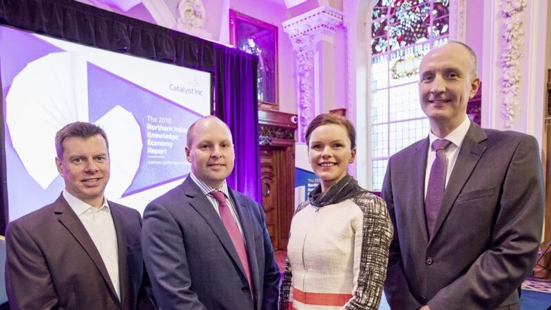 At the launch of the 2018 Knowledge Report are (from left) Steve Orr of Catalyst Inc, Richard Johnston of Ulster University, Naomi McMullan (compere) and Ian Sheppard, managing director Northern Ireland at Bank of Ireland UK, which sponsored the report 
