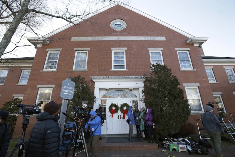 Members of the media outside the Nantucket Town & County Building, awaiting arrival of actor Kevin Space