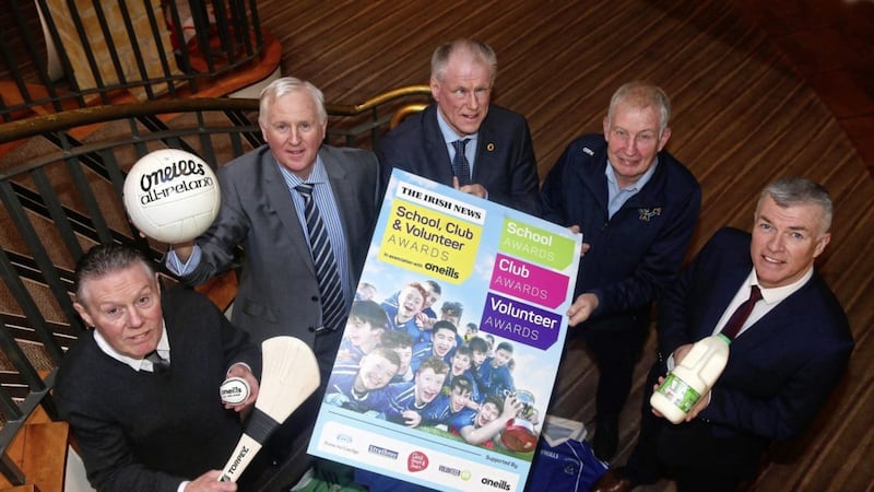Pictured at the launch of the 2020 Irish News School, Club and Volunteer awards, in association with O&#39;Neills, at the Wellington Park Hotel in Belfast are (l to r): Raymond Tumilty (O&rsquo;Neills), Brian McAvoy (Ulster GAA), Thomas Hawkins (The Irish News), Sean McGourty (Ulster Schools) and Eamon Lynch (Strathroy Dairy). Picture by Mal McCann. 