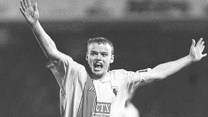 CELEBRATION...Ex-Portadown star Peter Kennedy is over the moon after equalising for Watford in their third round FA Cup tie against Sheffield Wednesday 