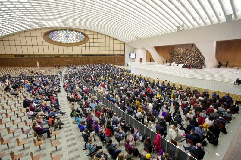 Social distancing was evident at last week's general audience in the Paul VI hall, with Pope Francis not coming to the stage through the crowd. Picture by AP Photo/Andrew Medichini