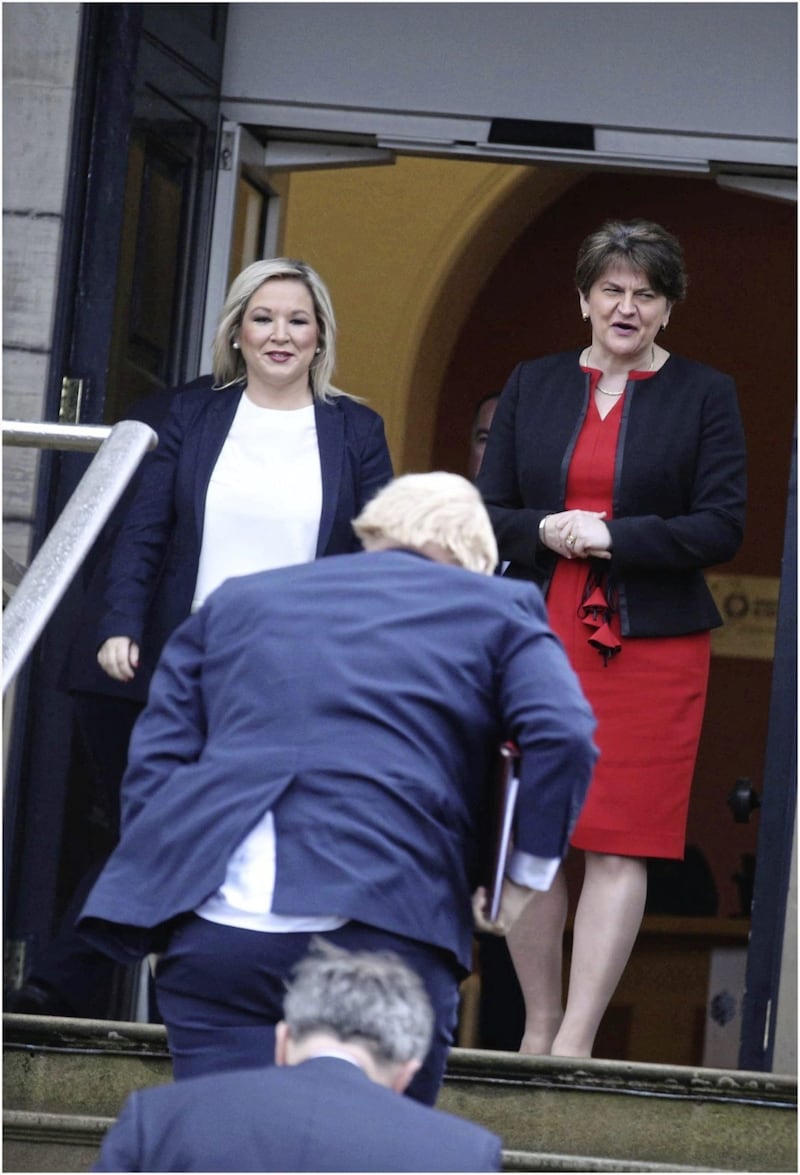 Boris Johnson is greeted by the first and deputy first ministers Arlene Foster and Michelle O&#39;Neill and NI Secretary Julian Smith Picture by Hugh Russell. 