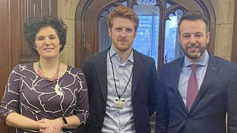 Matthew O&#39;Toole (centre) with Claire Hanna and Colum Eastwood 