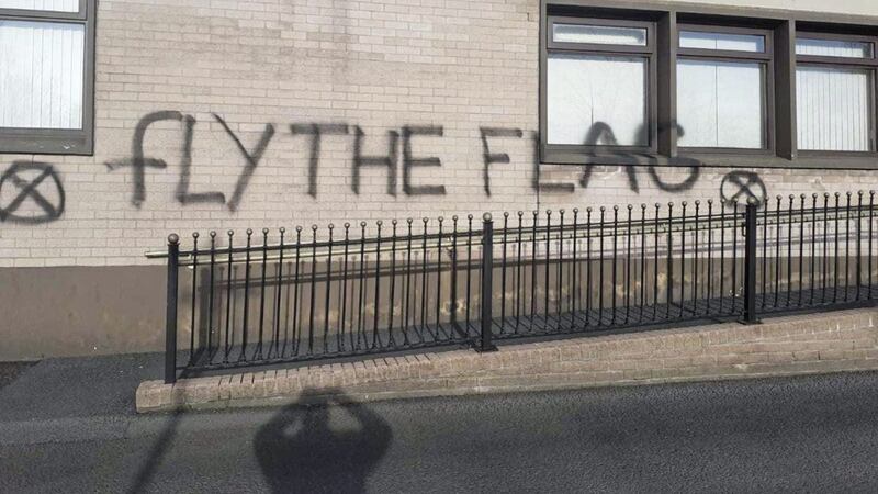 `Fly the Flags&#39; and two crude target symbols spray painted on the Co Tyrone building on Thursday night 