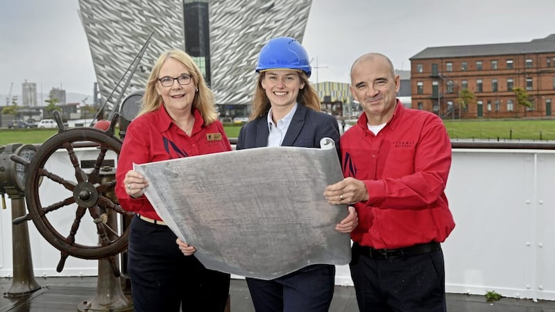 Titanic Belfast&rsquo;s head of operations Denise Kennedy (centre) is joined by visitor experience crew Carol McMullan and Philip Moffett as the world-leading visitor attraction announces that work will begin in January on a multi-million pound refreshment programme. Picture: Stephen Hamilton/Press Eye  