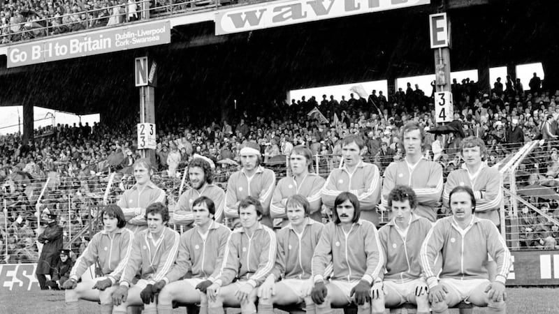 The Armagh team get set to face Dublin in the All-Ireland Senior Football Championship final at Croke Park in Dublin on September 25 1977. Back row (left to right): Peter Trainor, Se&aacute;n Devlin, Larry Kearns, Brian McAlinden, Tom McCreesh, Colm McKinstry, Kevin Rafferty, Front row (left to right): Noel Marley, Denis Stevenson, Joe Kernan, Jimmy Smyth, Paddy Moriarty, Jim McKerr, John Donnelly, Peter Loughran. Picture by Connolly Collection / Sportsfile. 