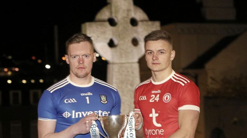 Tyrone&#39;s Michael McKernan with Monaghan goalkeeper Rory Beggan at Wednesday night&#39;s Dr McKenna Cup final launch, which was held at the Market Place Theatre in Armagh. Picture by Declan Roughan 