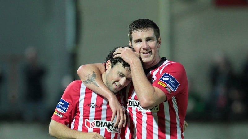 Derry City's Barry McNamee celebrates with Patrick McEleney after scoring the third goal against Drogheda at the Brandywell on Friday night <br />Picture: Margaret McLaughlin&nbsp;