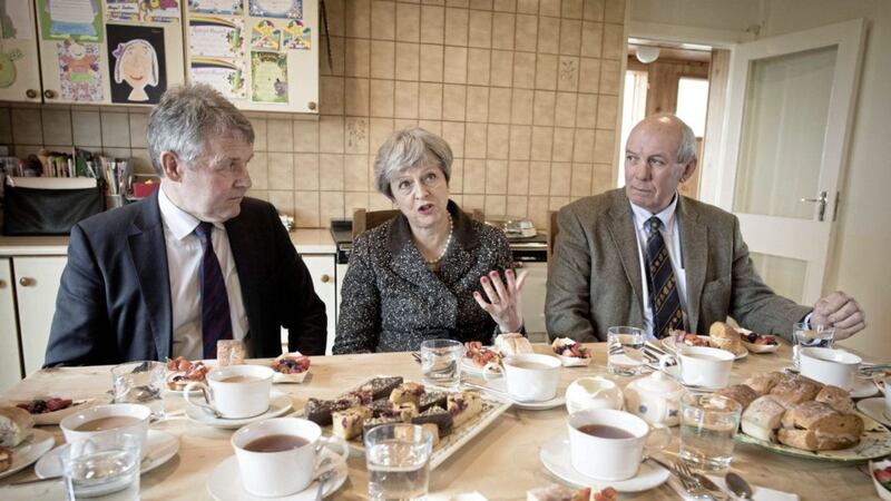 Britain&#39;s prime minister Theresa May having lunch with farmers at Fairview Farm in Bangor at the end of last month. Picture by Stefan Rousseau, Press Association 