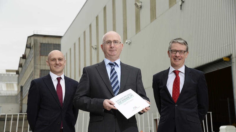 Neil McCullough (left) of Oxford Economics and Richard Gray (right) of Carson McDowell Solicitors join Manufacturing NI chairman Con O&rsquo;Neill to launch the Oxford Economics report into the manufacturing sector                                      