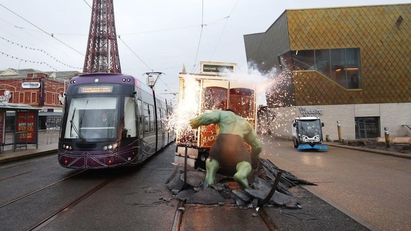 A model of the Marvel character came face-to-face with a Blackpool tram.