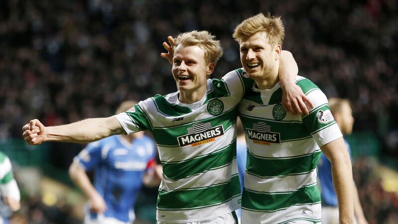 Celtic's Gary Mackay-Steven (left) celebrates scoring his side's third goal against St Johnstone with team-mate Stuart Armstrong<br />Picture by PA