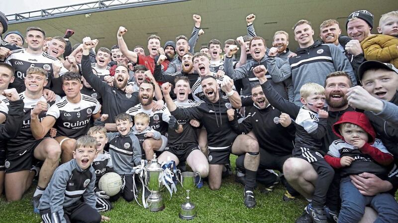 Kilcoo players celebrate their Down Senior Football Championship final victory over Warrenpoint, at Newry, on Sunday Oct 13 2019. Picture by Cliff Donaldson. 