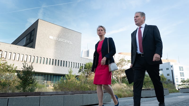 Labour leader Sir Keir Starmer and shadow home secretary Yvette Cooper arriving at Europol in The Hague, Netherlands, to discuss how Labour would tackle Channel crossings (Stefan Rousseau/PA)