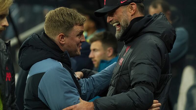 Newcastle head coach Eddie Howe (left) and Liverpool manager Jurgen Klopp go head-to-head at Anfield on Monday evening