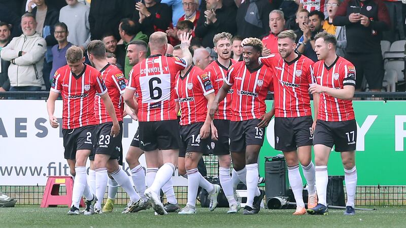 Derry City celebrate Sadou Diallo's winning goal Picture by Margaret McLaughlin