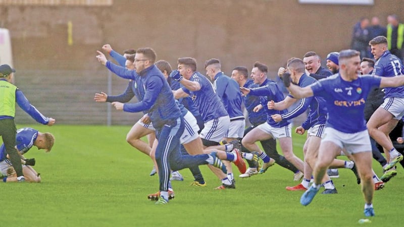 Coalisland players celebrate at the final whistle after their Tyrone SFC semi-final win over Errigal Ciaran at Pomeroy Picture: Seamus Loughran. 