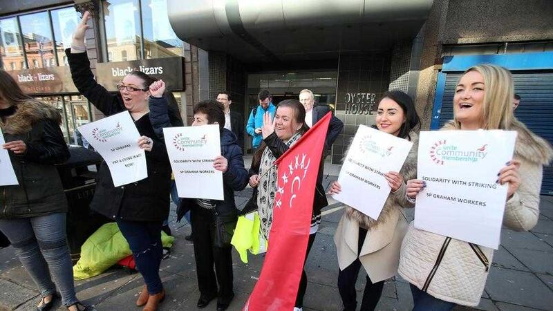 Sean Graham staff on strike outside the head office at Wellington Place, Belfast. Picture by Mal McCann 