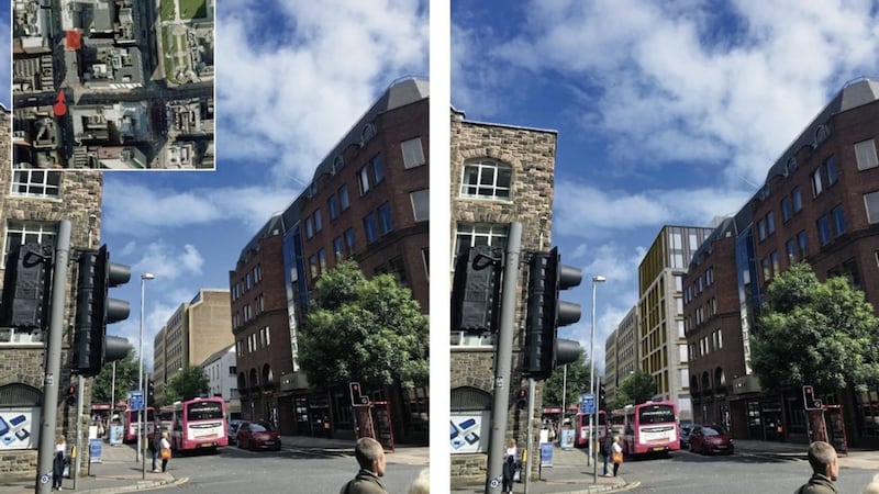 BEFORE AND AFTER...The current site and proposed new office block in Belfast. A decision on the development has been deferred by councillors for a site visit. 