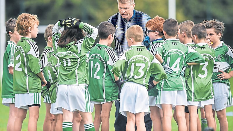 Coach Martin Sheridan with players from Monaghan Town representing Ulster before the start of the Gaelic Football Mixed U10 playoff final against Clane/Rathcoffey, Co.Kildare in 2014
