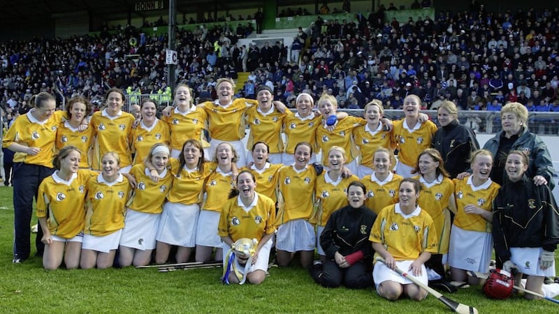 Antrim after beating Tipperary in the 2003 Intermediate Camogie Final:<br />  Back row: Ciara McKinley, Fiona Hasson, Danielle Clarke, Siobh&aacute;n Doherty, Mairead Graham, Sinead Lagan, Gr&aacute;inne Connolly, Edel Mason, Anne McKee, Oonagh Elliot, Chrissy Doherty, Eilis McCormick, Madeline O'Neill (Antrim chairperson);<br /> Middle row: Brenda Clarke, Cait Doherty, Roisin Duffin, Noelle McCarry, Maureen Duffin, Siobh&aacute;n McCloskey, Jane Adams, Carla Doherty, Orlagh Donelly, Elaine Dowds, Helena Connolly;<br /> Front row: Ciara McGinley, Ursula Hassan, Louise Connolly.<br /> Pic by John McIlwaine