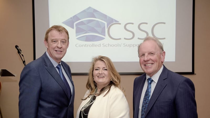 Barry Mulholland, Education Authority chairwoman Sharon O&#39;Connor and Uel McCrea, who chaired the CSSC interim board 